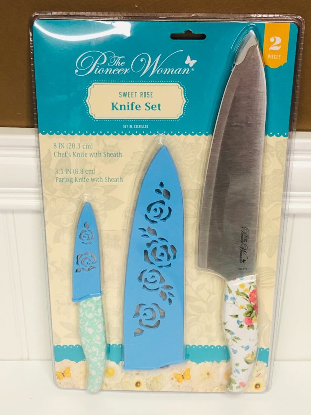 Pioneer Woman Sweet Rose Knife Set 2pc Chef & Paring Knives with Sheaths Floral